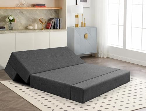 Image of Los Angeles Foldable Two Seater Sofa Cum Bed, Sofa Bed 4 X 6 Ft, Jute Fabric Washable Cover Including Two Cushion Perfect for Living Room & Office Guest Room - Black Color