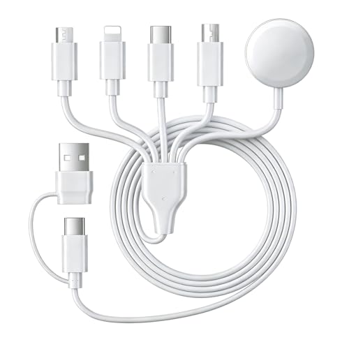 YIFYSUN 5-in-2 Multi Charging Cable for Apple Watch Charger : USB A/C Input, Type C/Micro/Mini B/Wireless Output, for iPhone 17-11, iWatch 1-9, Galaxy S25-22, 4FT- Fast Charge- White