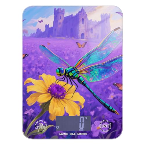 Bilancia digitale da cucina con libellula e fiori viola, 5 kg/5 g, display LCD da 5 g, bilancia digitale da cucina con 4 unità per cottura cheto spezie pesa digitale para alimentos