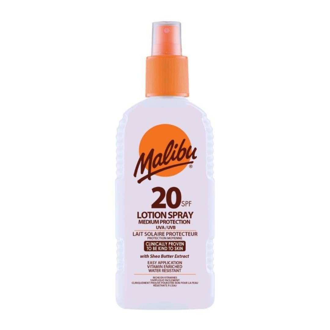 Malibu Sun SPF 20 Sun Lotion Spray with Shea Butter Extract, Moisturising Sunscreen Spray for Body, Lightweight Hydrating Sun Cream, Water Resistant Vitamin Enriched, 200ml