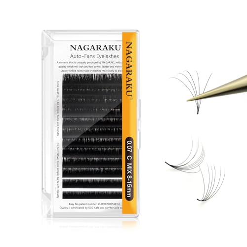 NAGARAKU まつげエクステンシュン ボリュームラッシュ 秒でできるファン 2層接着されたエクステ 太さ0.07mm Cカール 長さ8-15mmMix 12列 2D〜6Dできる 軽量 極細 高持続力