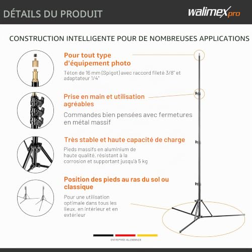 Walimex Pro Gn 806 Trépied Pour Lampe Jusqu'à 215 Cm De Hauteur De Travail Support Éclairage Max. 5 Kg Pour Flash - vue 5