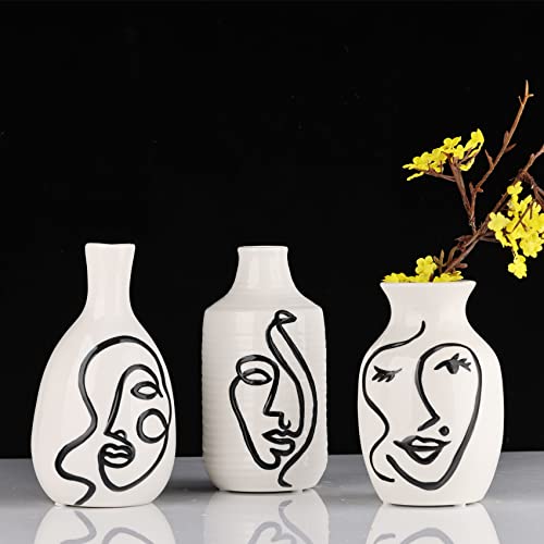 Ceramic Vase For Home Decor, Modern White Abstract Irregular Design Flower Vase, Minimalist Creative Human Face Ceramic Vase, Minimalist Decorative Abstract Vases For Pampas Grass (Mini Set Of 3) #TOP8