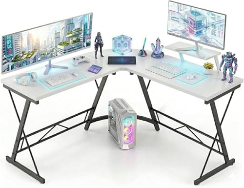 Bellivor L Shaped Gaming Desk 130x130cm Corner Computer Desk with Monitor Stand Space-Saving Workstation with Sturdy Frame for Gaming Room Home Office (White)