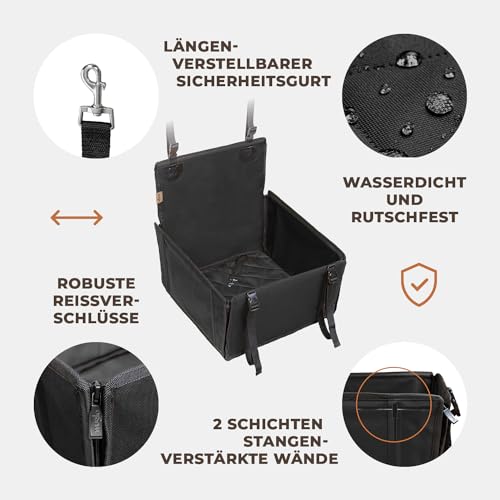 Wuglo Extra Stabiler Hunde Autositz mit Sicherheitsgurt – Wasserdichter und Robuster Autositz Hund für den Rücksitz mit 4 Befestigungsgurten, geeignet für kleine Hunde bis 12 kg