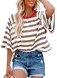 Chicrise Camiseta Marinera Mujer Verano A Rayas Cuello Redondo Oversize Crop Top Manga Corta Basica Informal Camisa Marrón Blanco Mediano 38-40
