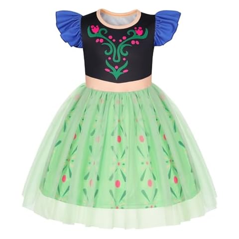 HenzWorld Princess Anna Dress for Toddler Little Girls Short Flutter Sleeve Tulle Tutu Dress Kids Anna Costume Dress up Halloween Cosplay Theme Party Outfit for Girls Green Size 3T 4T 3-4 Years Cover