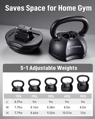 Image of BYZOOM FITNESS Pure Series Adjustable Kettlebell 30 /40 /50LB - 5-IN-1 Weight Change, Patented Quick-Change Machenism, Ergonomic Curved Handle for Home Gym, Strength Training, HIIT, White OR Black