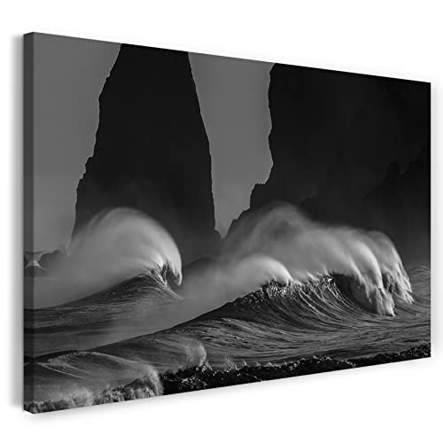 Impression sur toile 100x70 cm de vagues et plage en noir et blanc