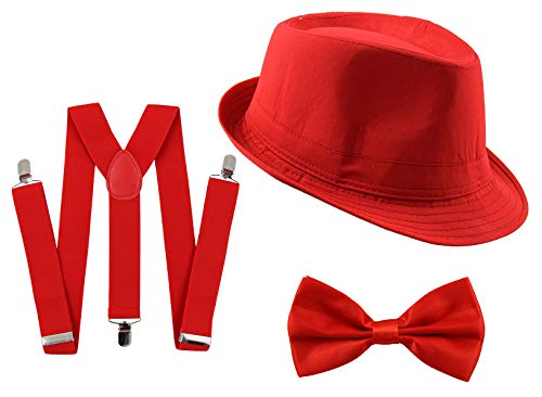 Gangster Kostüm Set für Herren I Hut - Hosenträger - Fliege I Rot I 1920er Mafia Accessoire Outfit
