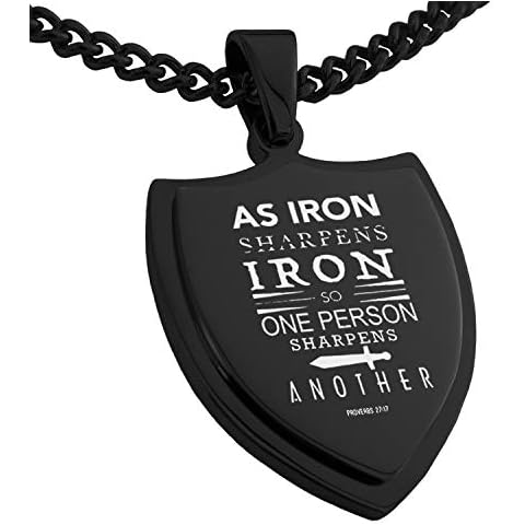 Tioneer Jewelry | Gunmetal Stainless Steel Shield Pendant Necklace | Shield Necklace for Men & Women | Stainless Steel Jewelry, As Iron Sharpens Iron Proverbs 27:17", Silver Cover