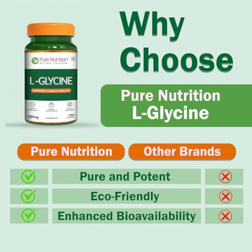 Image of Pure Nutrition L Glycine Supplement (500mg) 120 veg Capsules | Supports Muscle Health, Brain & Sleep Health | Support Strong Immune System & Cellular Health