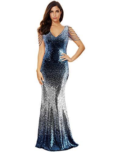 Robe de soirée longue sirène à paillettes pour femme - Bleu - Taille XL Cover