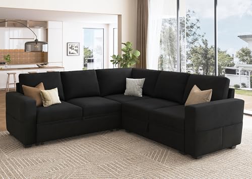 Image of HONBAY Modular Sectional Sleeper Sofa with Pull-Out Bed, Velvet L-Shaped Sofa with Storage Seat, Sectional Sofas for the Living Room, Black
