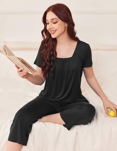 Ekouaer Pajama Set for Women Short Sleeve Top With Capri Pants Pjs 2 Piece O Neck Loungewear Soft Sleepwear with Pockets2
