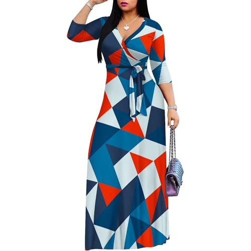 Image of PinkPatty Women's Print Maxi Dresses 3 /4 Sleeve Flowy Long Dress V Neck Wrap Tie Waist Sundress