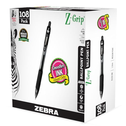 Image of Zebra Pen Z-Grip Retractable Ballpoint Pen, Black Ink, 1.0mm, 108 Bulk-Pack