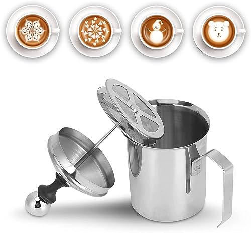 Herchr HERCHR70F6ACEG1Q-01 Manual Milk Frother, 400Ml/14Oz Stainless Steel Creamer Frother Milk Steamer Latte Cappuccino Coffee Foamer Frother Handled Metal Milk Creamer Milk Foamer Pitcher cover