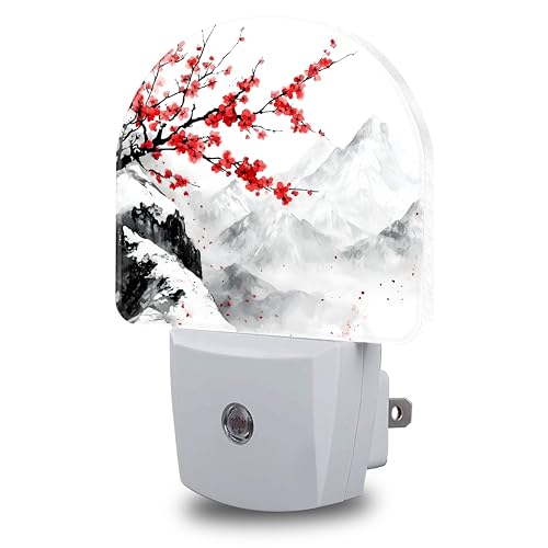 Image of Night Light, Plum Blossom and Snow Mountain Night Lights Plug into Wall Dusk to Dawn Sensor Round Nightlight for Women Men Energy Efficient Led Lamp 0.5W for Stairway Hallway Bedroom