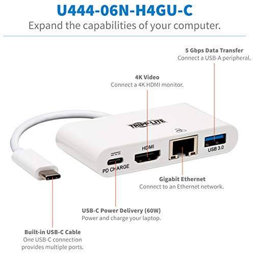 Tripp Lite Usb C To Hdmi Multiport Video Adapter Converter 4K W/ Usb-A Hub, Usb-C Pd Charging Port & Gigabit Ethernet Port, Thunderbolt 3 Compatible, Usb Type C, Usb Type-C (U444-06N-H4Gu-C),White #TOP4