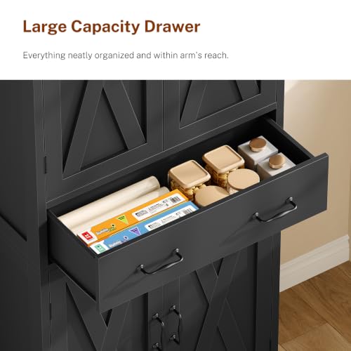 Image of TEENFON Tall Storage Cabinet with 2 Adjustable Shelves & 1 Large Drawer, Kitchen Pantry Cabinet with 4 Doors, Bathroom Storage Cabinets, for Living Room, Kitchen, Bathroom, Black