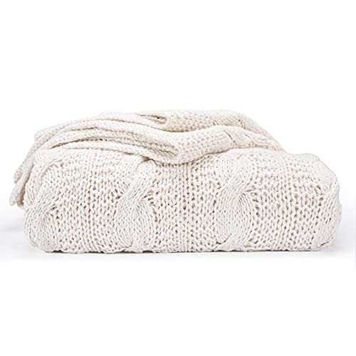 EHC Super Chunky Hand Knitted Large Cotton Chair Sofa Blanket Throw Home Décor Gift, Cream - 140 x 180 cm