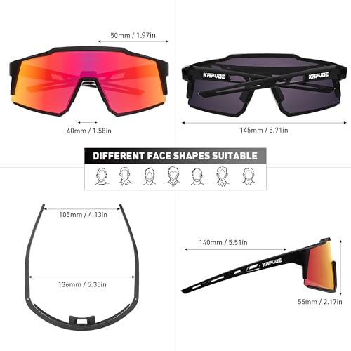 Foto von KAPVOE Polarisiert Fahrradbrille mit 4 wechselgläser TR90 Rahmen für Herren Damen Sport Radfahren MTB Sportsonnenbrille Radbrille Sportbrille Fahren Angeln Baseball Laufen rot Schwarz 01
