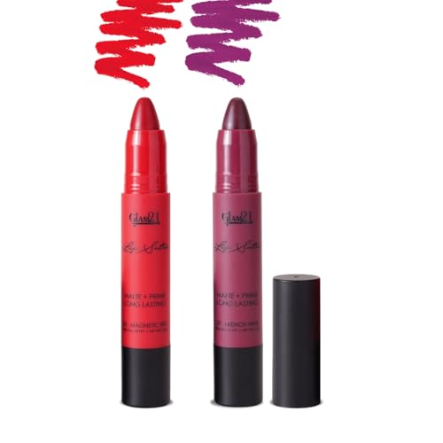 Glam21 Lip Sutra Non-Transfer Crayon Lipstick | Creamy Matte, Lightweight & Long-Lasting | Matte Finish,Smudge Proof & up to 12 Hours Stay | Pack Of 2, 2.8gm Each (COMBO-02)
