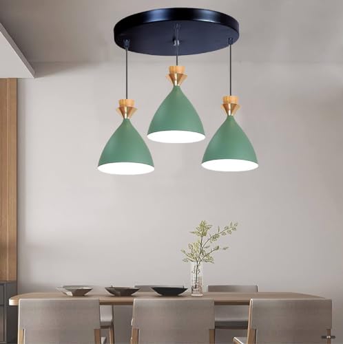 Image of Triple Dome Green Aluminium Hanging Pendant Light - Modern Antique Ceiling Lamp, Adjustable Drop, E-27 Holder, Bulb is not Included. 3 Light Cluster Set