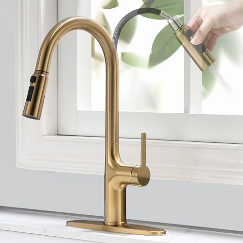 FROPO Brushed Gold Kitchen Faucet, Single Handle Gold Kitchen Sink Faucet with Pull Down Sprayer Modern Stainless Steel Brass Gold Faucet with Deck Plate 3-Function Spray Head 1 or 3 Hole by FROPO - Used condition - CA$38.17
