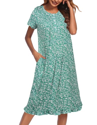 Image of Ekouaer Nightgowns for Women with Pockets Button Front Short Sleeve House Dresses Floral Print Mumu Dress