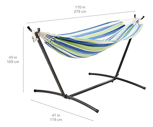 Image of Amazon Basics Double Hammock with 9-Foot Space Saving Steel Stand and Carrying Case, 2 Person, 450 lb Capacity, Cotton Polyester, Oasis Stripe, 110 inch x 47 inch x 43 inch