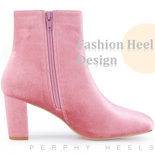 Perphy Faux Velvet Round Toe Chunky Heels Pink Ankle Boots for Women 7 M US by Perphy - Used condition - Image 4