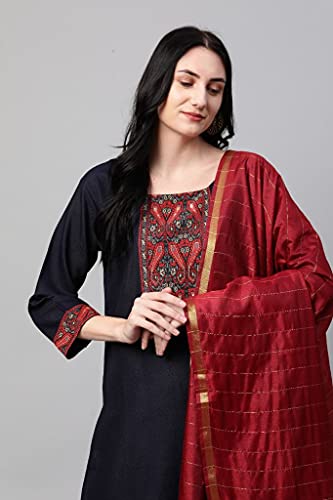 Image of GoSriKi Women's Cotton Straight Kurta with Palazzo & Dupatta (Morning Dark Blue)
