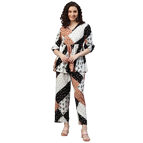 Image of DEEBACO Women's Patch Print Rayon Flared Tunic & Pants Co-Ord Set for Women V-Neck & 3 /4 Puff Sleeve Ladies Party Casual Wear Fashionable for Girls Relaxed Fit Cord Set (DBCOMR00000885 XS Multicolor)