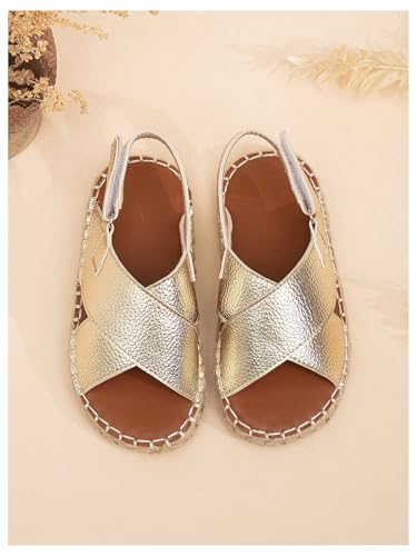 GORGLITTER Girl's Metallic Sandals Criss Cross Open Toe Ankle Strap Flats Dress Shoes2