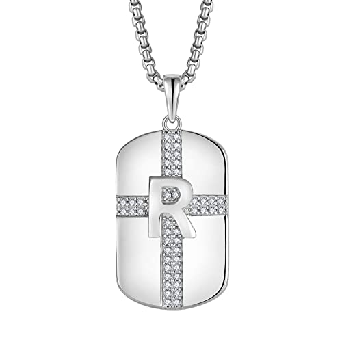 Mens 925 Sterling Silver A-Z Initial Necklace, Cross Cubic Zirconia Dog Tag Pendant Necklace for Men, 24