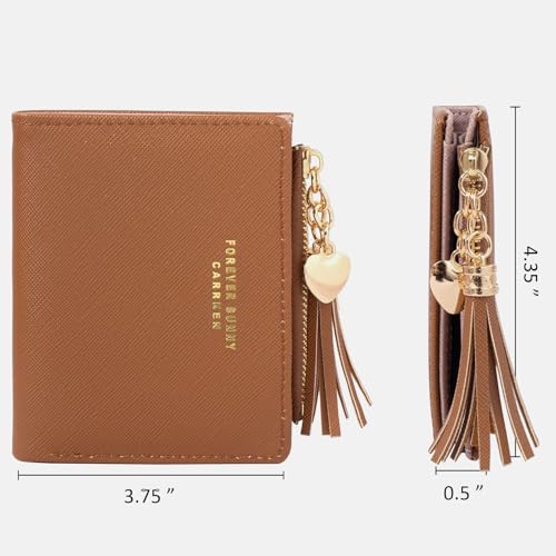 Image of KOTORA Womens Small Wallet Girls Tiny Slim Wallets Pretty Mini Card Holder Thin Short Zip Coin Purse with Love Pendant and Tassels (Brown)