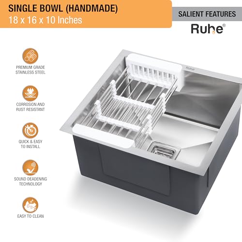 Image of Ruhe Handmade Exclusive Single Bowl 18x16 x10 inches Kitchen Sink | Premium Stainless Steel Single Bowl Kitchen Sink | with Brushed Matte Finish Including Strainer-Basket /Sink Coupling /Waste Pipe