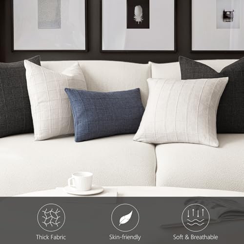 Image of Foindtower Set of 1 Decorative Linen Check Throw Pillow Cover Neutral Farmhouse Vintage Cushion Cover Modern Boho Home Decor for Sofa Chair Couch Bedroom Living Room,26x26 Inch,Charcoal