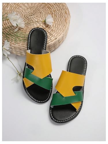 Image of Verdusa Women's Color Block Flat Leather Sandals Open Toe Vacation Slip on Slides