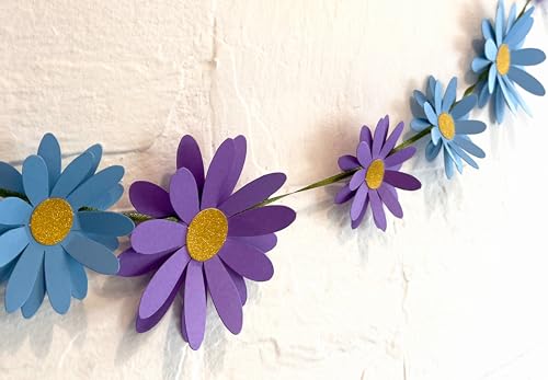 Image of Blue Daisy Flowers Paper Decoration. Included 18 Paper Flowers, Needle, 10 feet Satin Ribbon for Flower Garland and Sticky Foam Squares for Wall Decor.