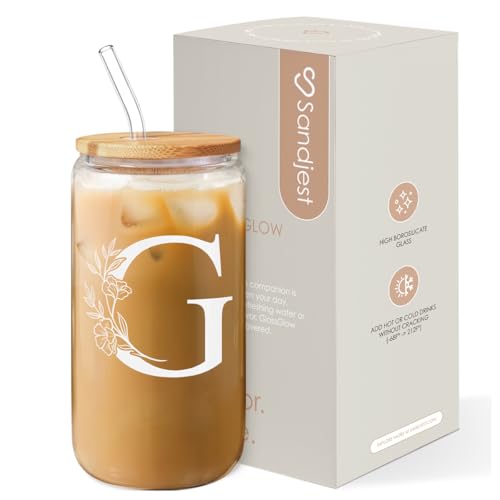 SANDJEST Monogrammed Gifts for Women - Monogram G Initial Glass Cup 16 Oz Can Coffee Cups with Lid and Straw - Monogram Initials Gifts for Womens on Birthday