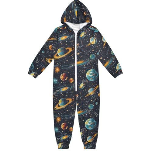 CHIFIGNO Mameluco unisex con capucha para niños y niñas, divertido disfraz de Halloween para niñas y niños, Galaxia del sistema solar de dibujos animados, 7-8 años