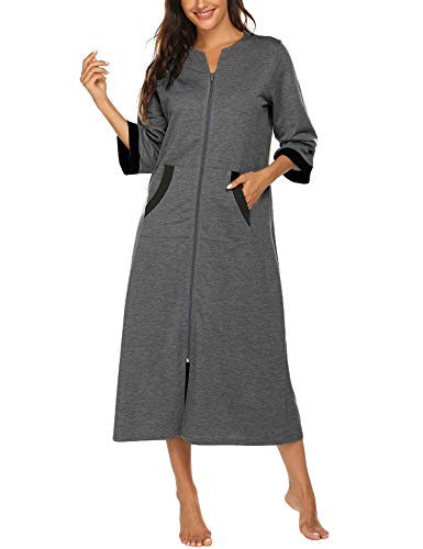 Ekouaer Women Zipper Robe 3/4 Sleeves Loungewear Full Length Sleepwear Pockets Housecoat Long Soft Bathrobe