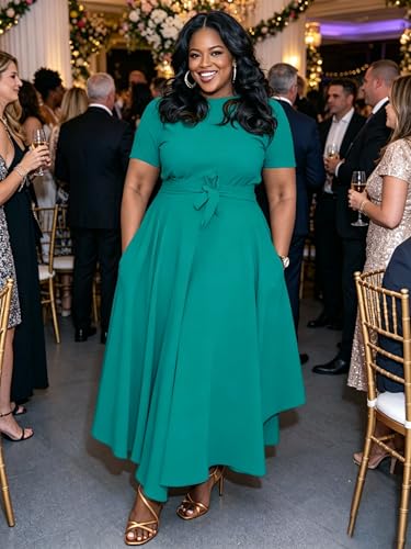 Image of Hostoyo Women Plus Size Formal A Line Maxi Dress Self Tie Waist with Pockets Elegant Round Neck Swing Long Dresses