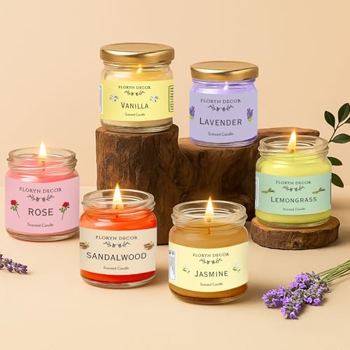 Floryn Decor Luxe Glass Jar Scented Candles Gift Set | Scented Candle Set of 6 | Highly Fragranced Candles Pack of 6 Mini Jars (Pack of 6), Aromatic