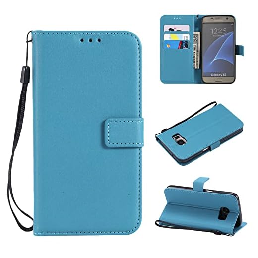 For Samsung Galaxy S7-fodral, for Samsung Galaxy S7 Wallet Case, Card Slots Ställ magnetisk stängning, skyddande Pu Läder [stötsäker TPU] Flip Cover W Wrist Strap Lanyard (Color : Sky blue)