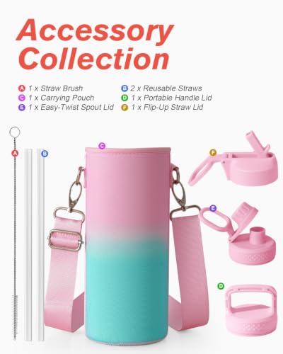 Image of Coolflask 40 oz Water Bottle Insulated with Straw & 3 Leakproof Lids