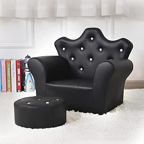Kids Sofa Chair with Ottoman Set, PVC Leather Kids Armchair with Footstool, Small Toddler Couch with Wooden Frame for 1-4 Years Old Children,L22 *W15 *H18 (Black) Cover